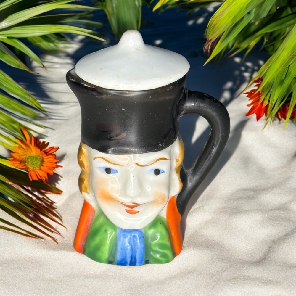 Toby Mug Tiny Mini Pitcher with Lid Porcelain 2.3”x 1.7” Hand Painted Pioneer